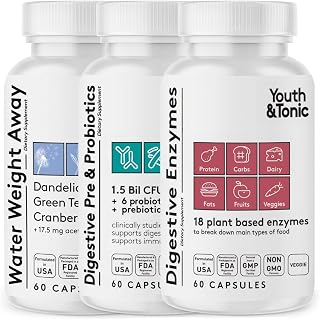 Youth & Tonic Bloating Relief with Pre and Probiotics for Water Retention, Occasional Constipation, or Food Digestion with Water Pills and Digestive Enzymes Bundle Pack