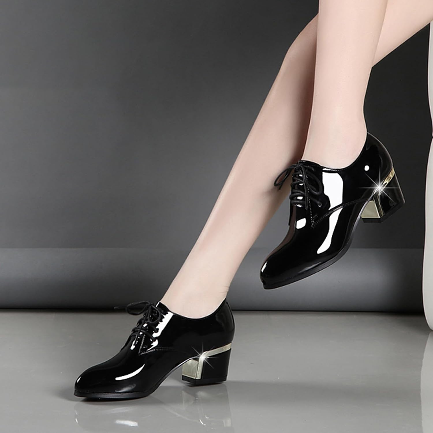 Women's Patent Leather Shiny Chunky Heel Oxfords Classic Comfortable Pointed Toe Lace Up Block Heel Business Dress Pump for Work Office Date - Image 2