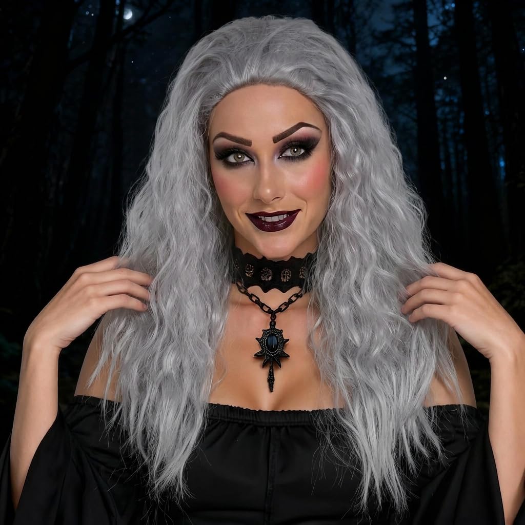  Witch Grey Wig Long Curly,Old Lady Halloween Cosplay Costume Hair Accessory for Women thumbnail
