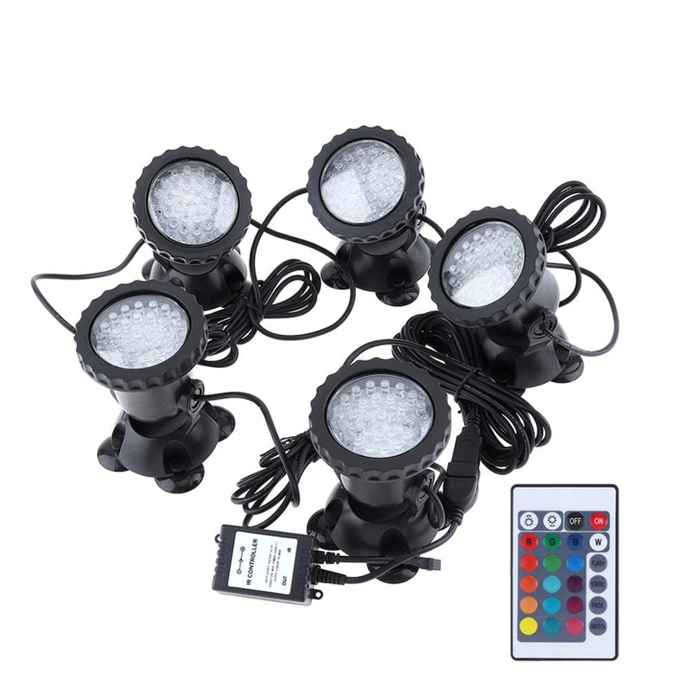 Luz subacuática a prueba de agua RGB que cambia Color 36 foco LED fuente luz pecera piscina estanque acuario lámpara jardín Resistentes Al Agua Seguras(5 Lights with remote)
