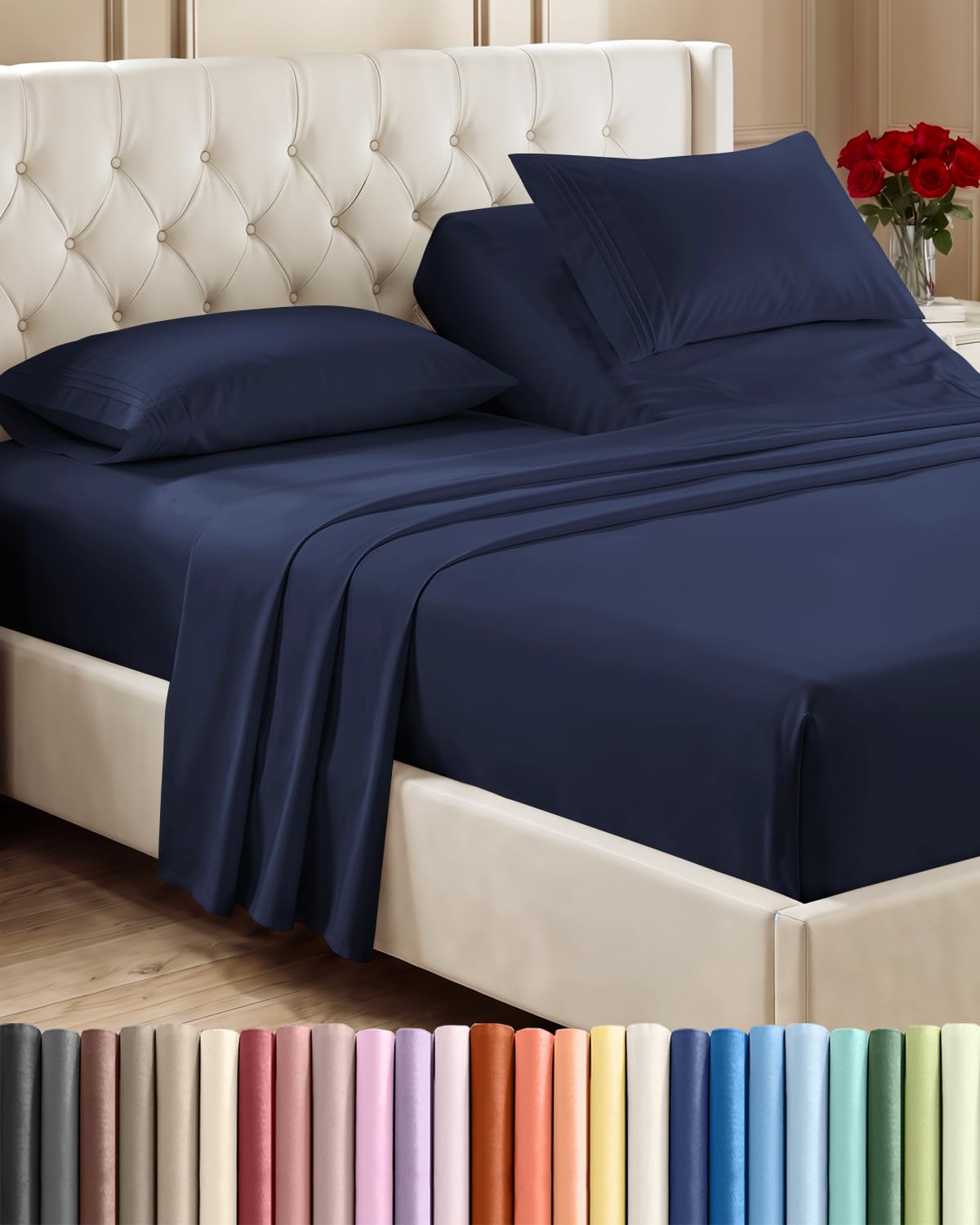 Flex Top Split Head King 4 Piece Sheet Set - Soft &amp; Breathable - Navy Blue