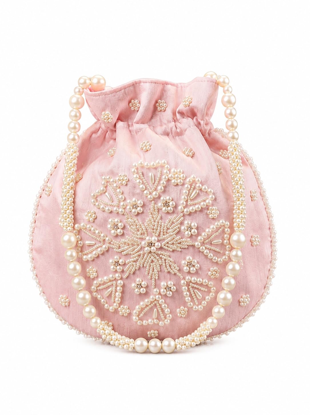 desi india Pearl Embellished Drawstring Pouch Bag, Pink Velvet, Beaded Floral Design,-picture-23