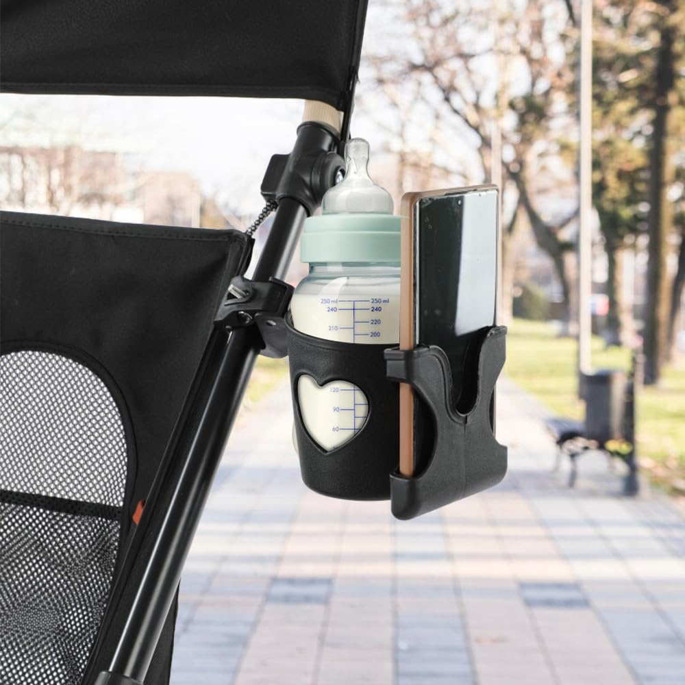Getränkehalter Kinderwagen, Becherhalter Kinderwagen, 1 Kinderwagenbecherhalter mit 2 Kinderwagenhaken, 360 Grad Drehbarer Fahrradbecherhalter, Großkalibrig Gestalteter Becherhalter, Schwarz