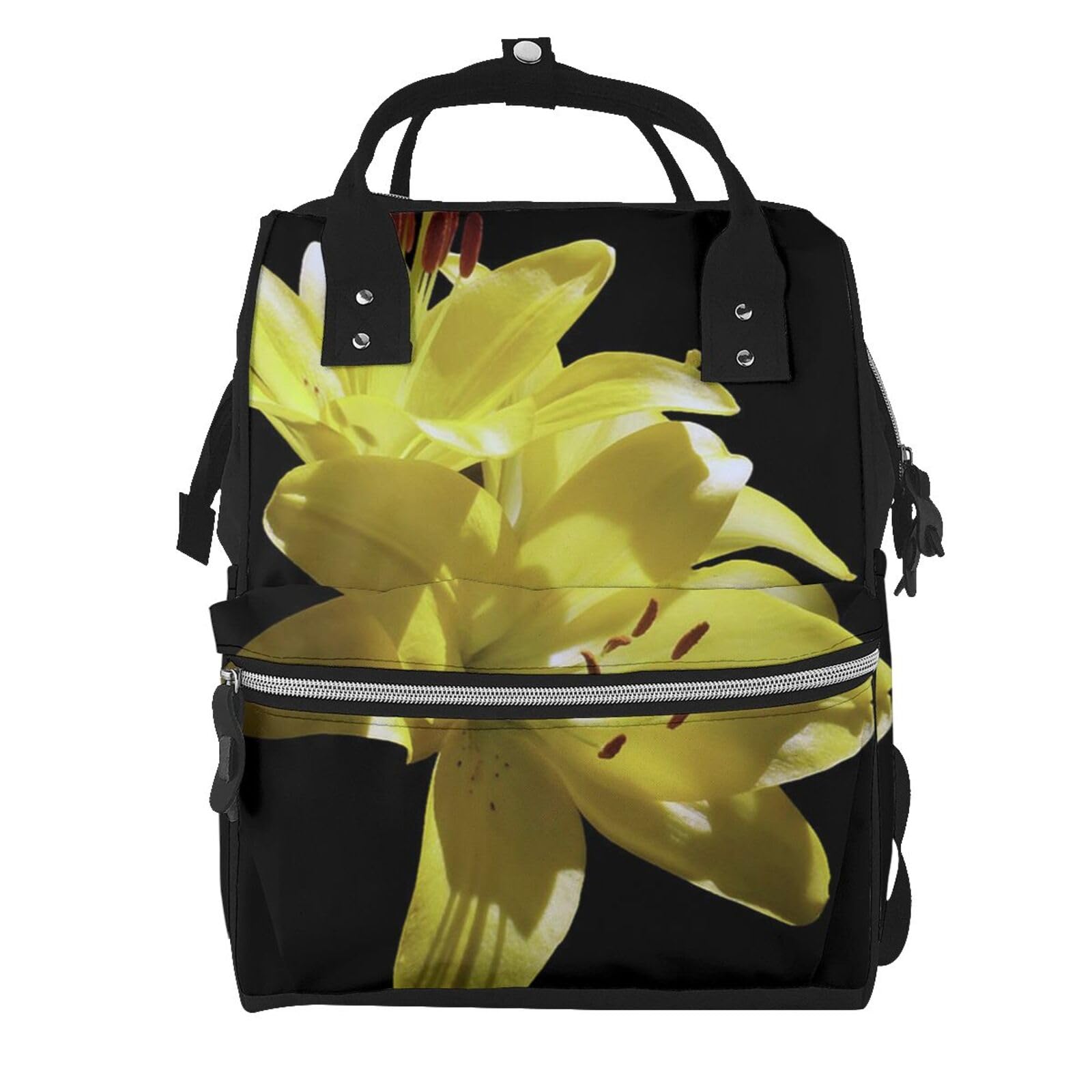 Sac à dos à langer noir avec finitions soignées et imprimé fleuri jaune