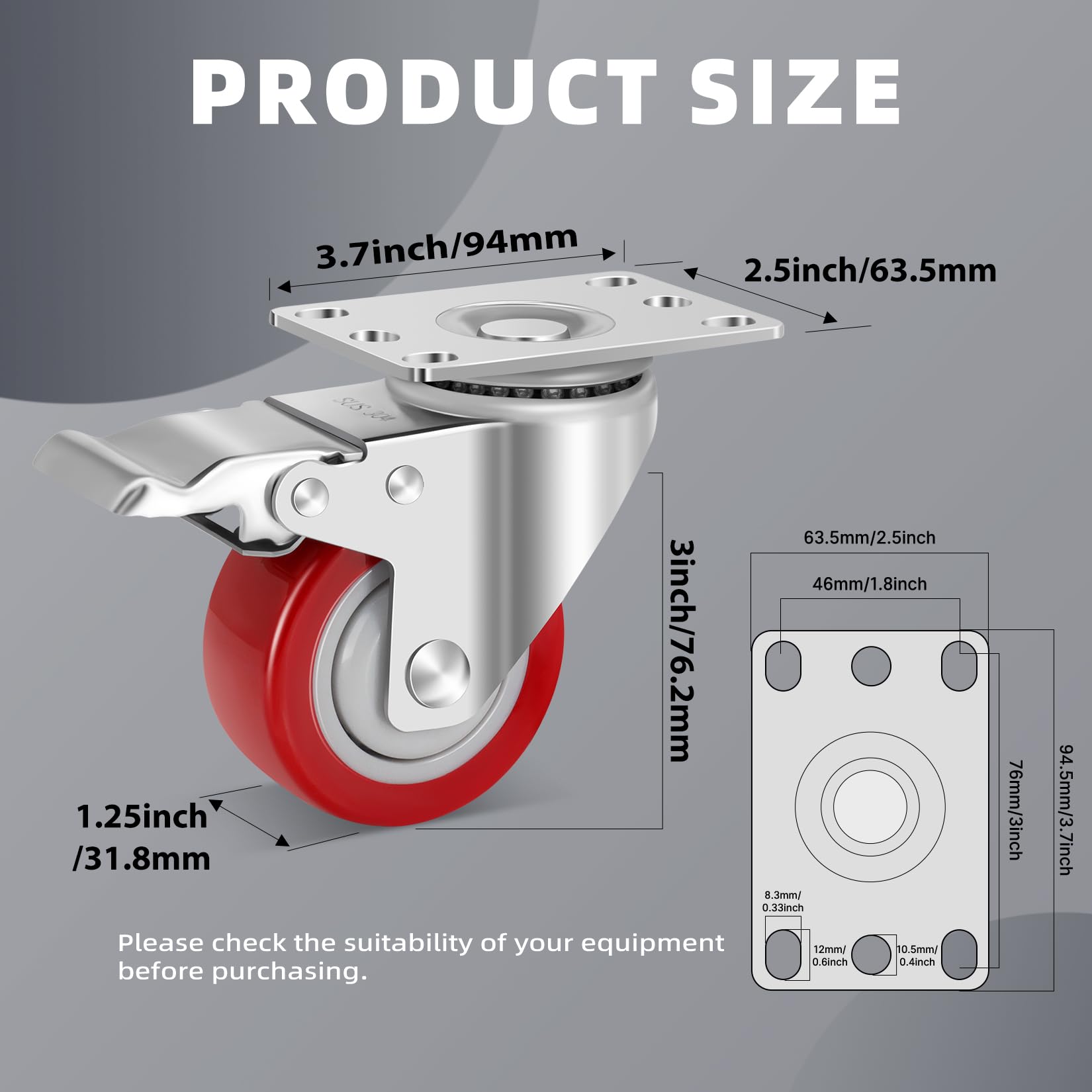 W B D WEIBIDA 75mm Ruote per Carrelli Carichi Pesanti in Acciaio Inox Capacità 540KG, 304 Anti-corrosione Industriale Ruote Giratorie con Freno, Rottelle Antiruggine per Mobili, Officine e Laboratori