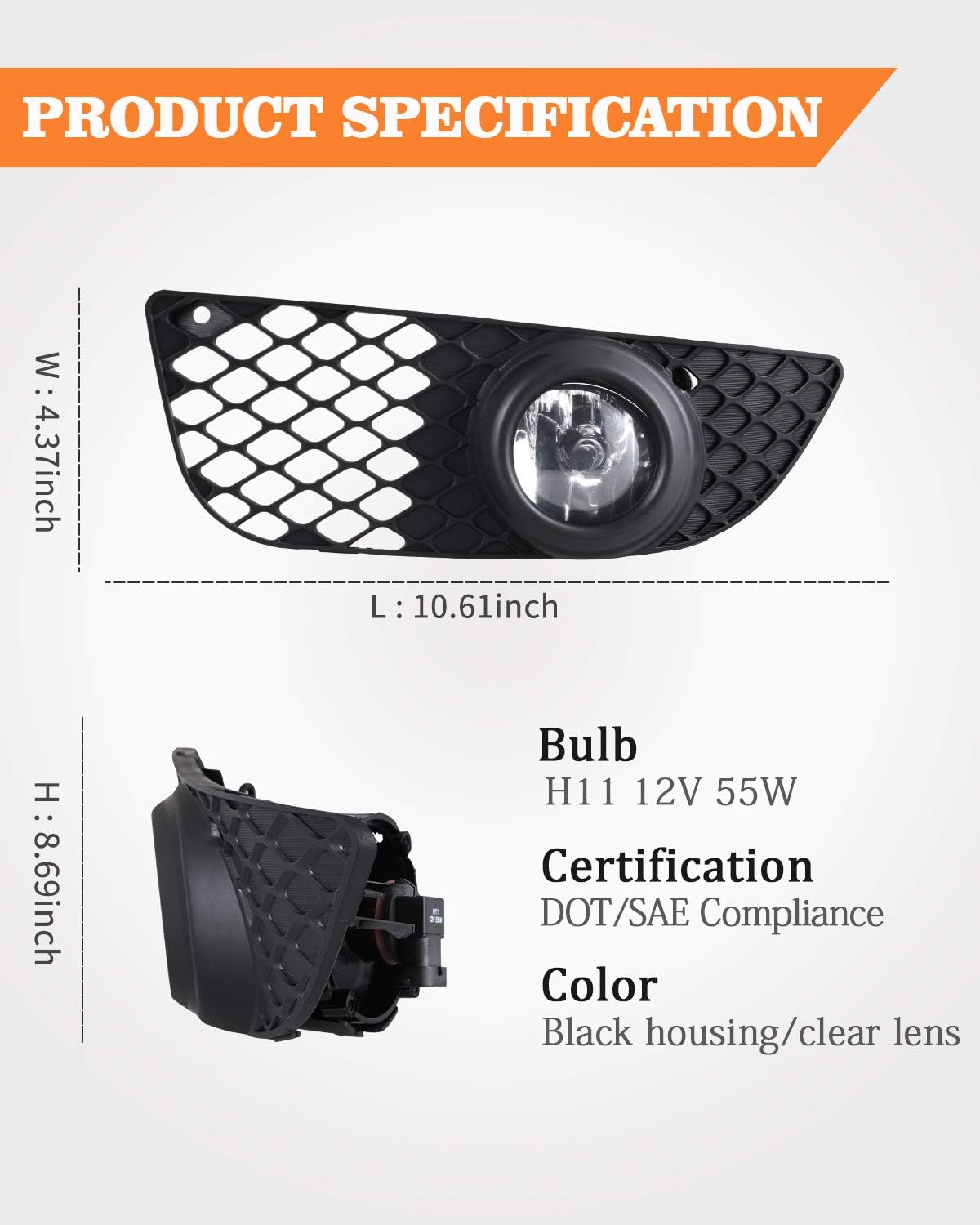 AUTOWIKI Front Bumper Fog Driving Light Assembly OEM Replacement Series for 2007-2014 Mitsubishi Lancer (not fit EVO & Ralliart models) Clear Lens 2PC with Switch and Wiring Kit