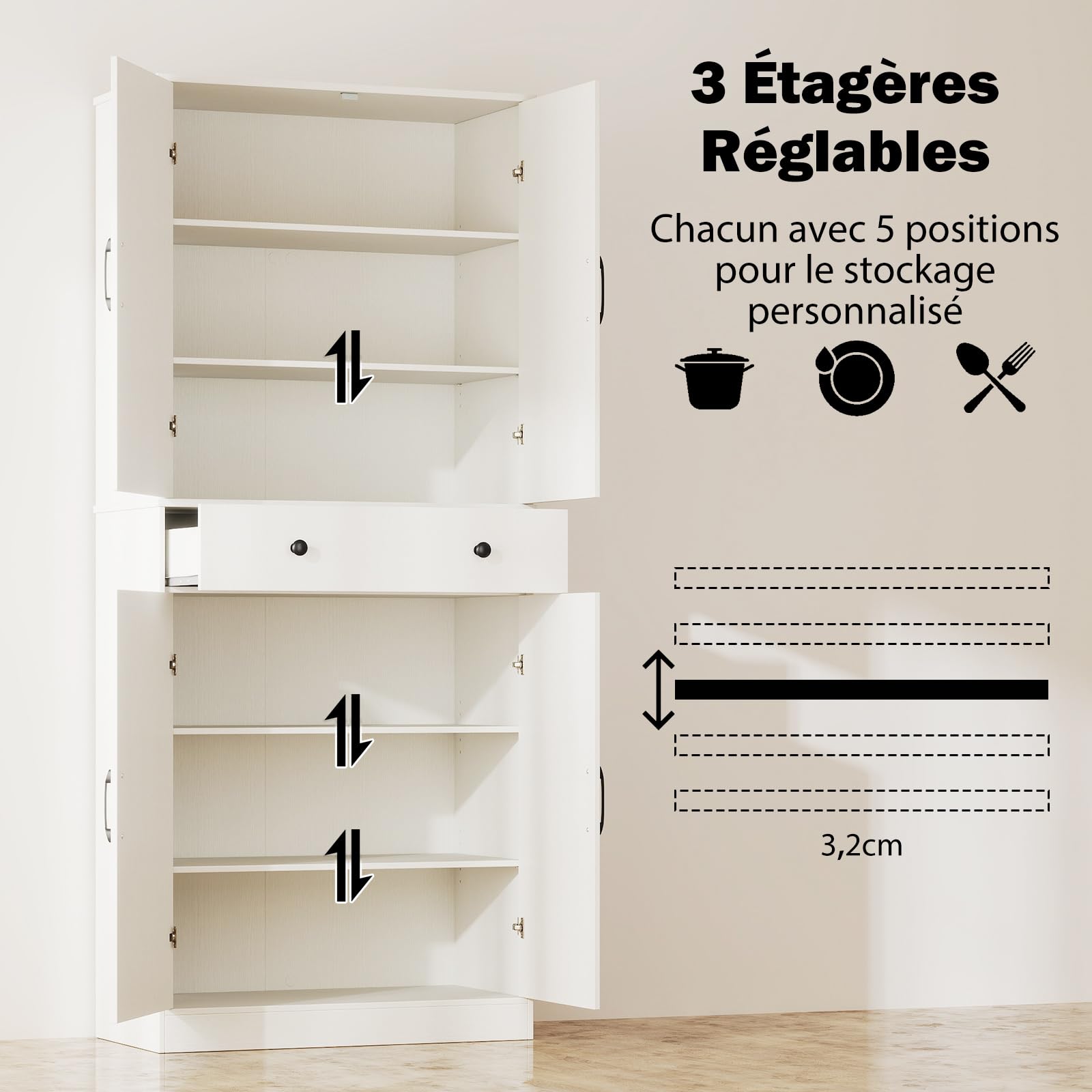 COSTWAY Armoire de Rangement 183 cm, Armoire Chambre 4 Portes avec Grand Tiroir, 3 Étagères Ajustables, Style Porte Grange Moderne, 2 Kits Anti-Basculement, pour Salon, Salle de Bain (Blanc)