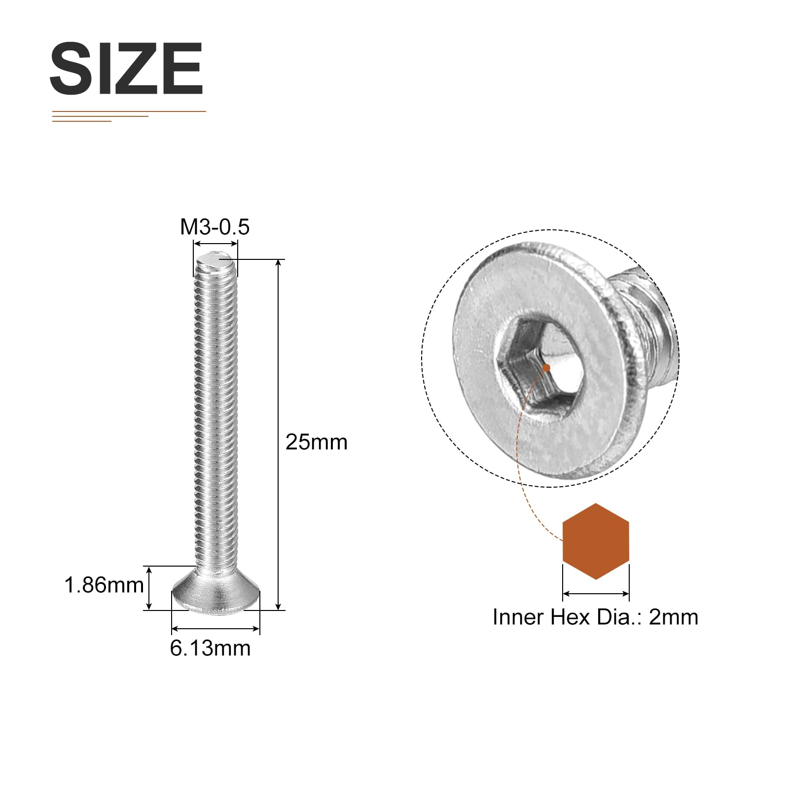DTGN M3-0.5 x 25mm Flat Head Socket Cap Screws, 100 Pack 304 Stainless Steel Hex Socket Flat Head Screws, Full Thread - Image 2