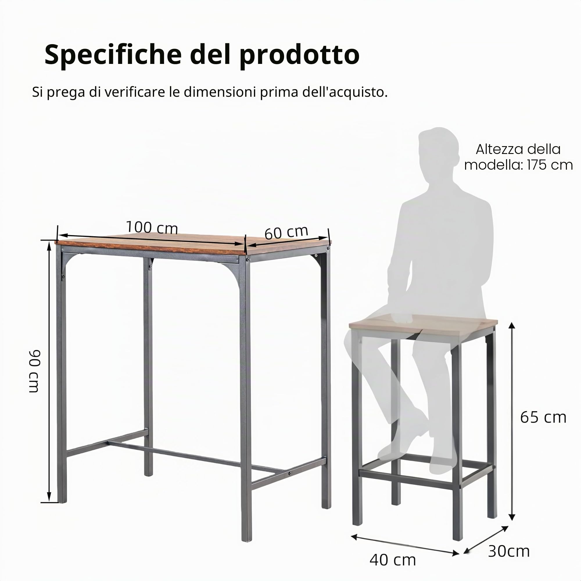 Tavolo Bar con 4 Sgabelli, Set Tavolo Alto Cucina 5 Pezzi, Tavolo da Bar 100 × 60 × 90 cm, Sgabelli 30 × 40 × 65 cm, Struttura in Metallo e MDF, Stile Industriale Vintage(Vinatura del legno vintage)