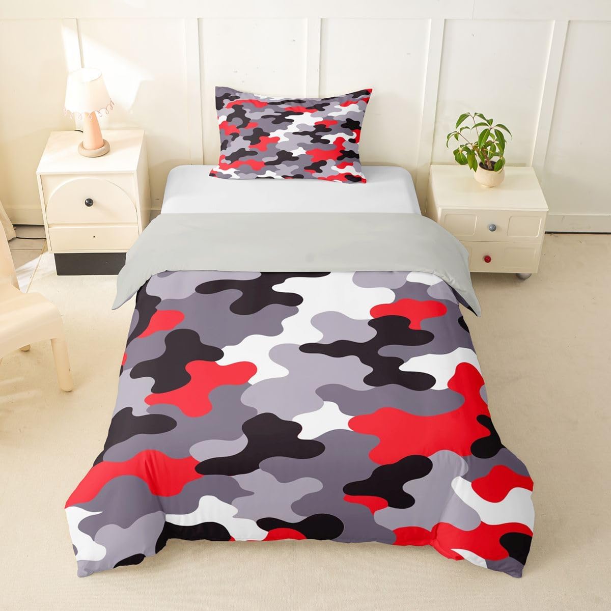 Feelyou Camouflage Duvet Cover Toddler Size Camo Red Comforter Cover for Boys Girls Military Style Bedding Set 2Pcs Room Decor