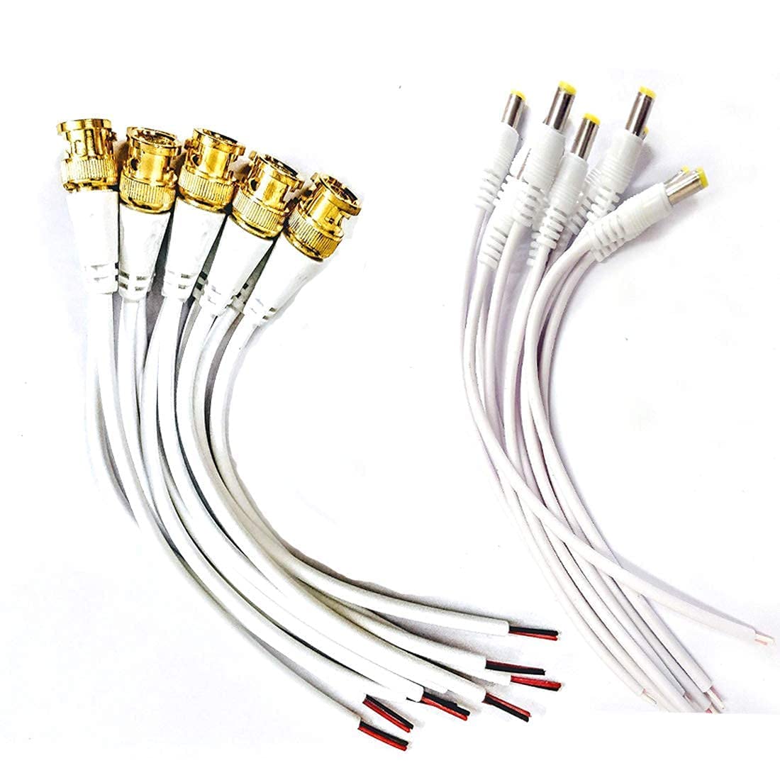 Pack of 10 Pc BNC Connector with Copper Wire Moulded - 18CM and 5 Pc DC Power Pigtail Male Cables with 2.1mm Connectors Barrel Jack for Surveillance CCTV Camera (White) (10-5)