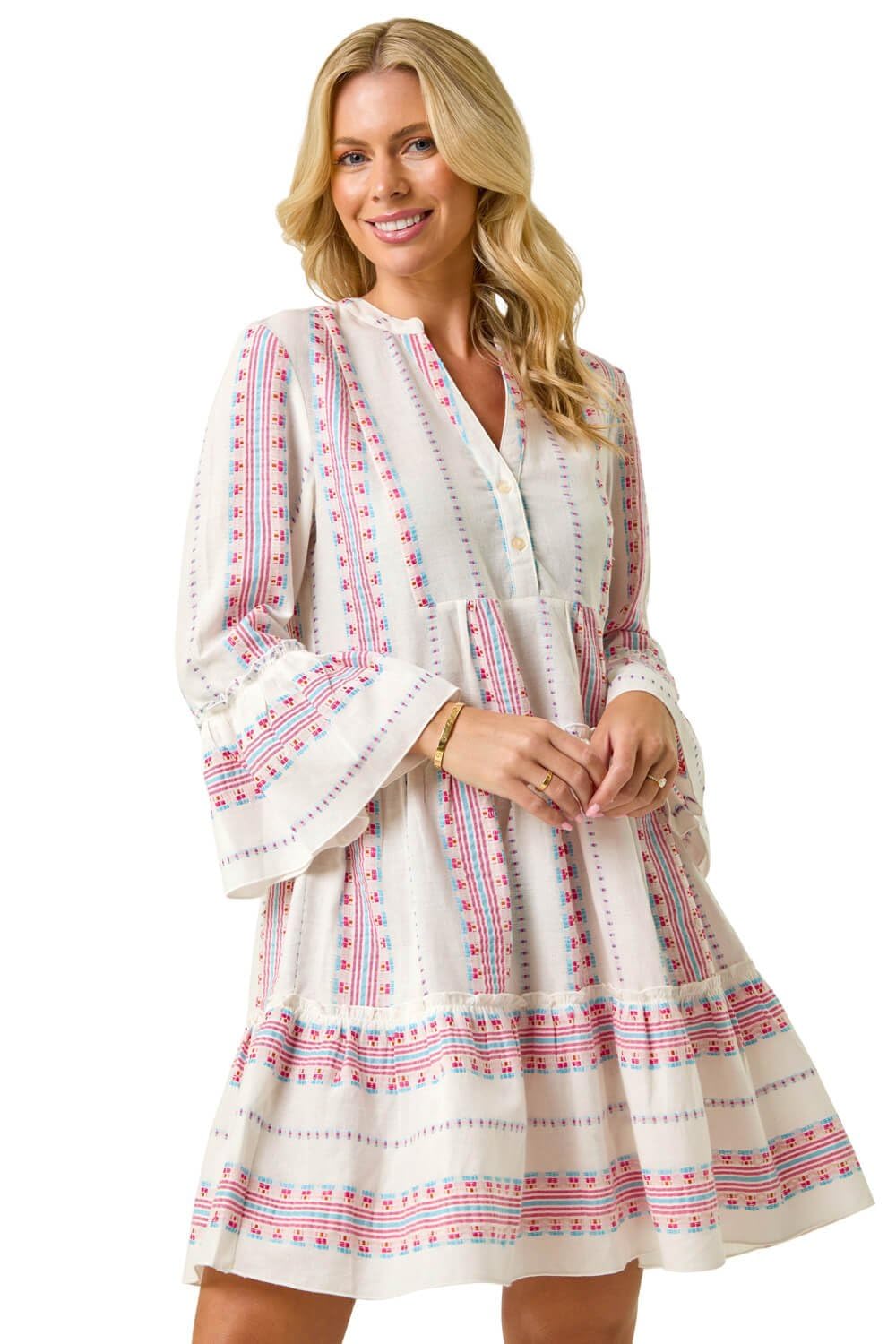 Roman Originals Smock Dress for Women UK Ladies Cotton Summer Embroidered Frilled Tiered Casual Beach Cruise Holiday Cocktail Party 3/4 Sleeve Pull On Gathered Skirt