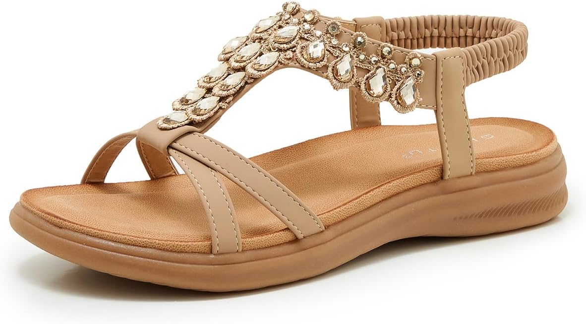 Women's Beaded T-Strap Sandals, Summer Bohemian Elastic Slingback Comfort Wedge Sole Beach Outdoor Sports Non-slip Shoes
