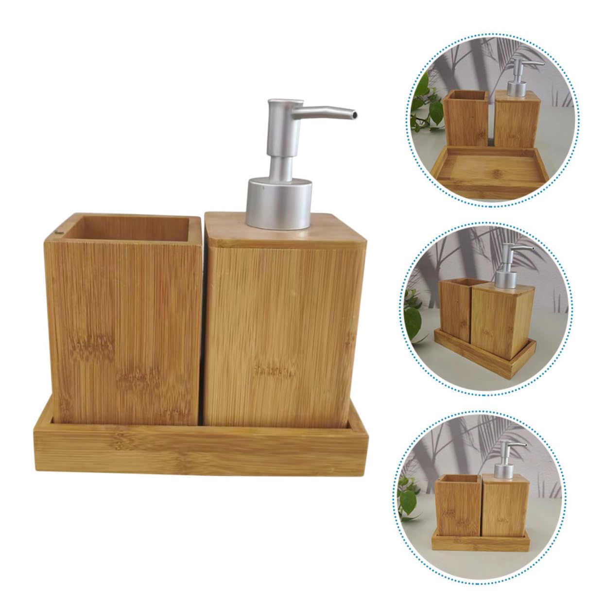 Alipis Set Accessori Bagno in Bambù Dispenser Sapone Pompa, Bottiglia Shampoo Riutilizzabile, Portaspazzolino Compatto Per Uso Domestico e Bagno Ospiti