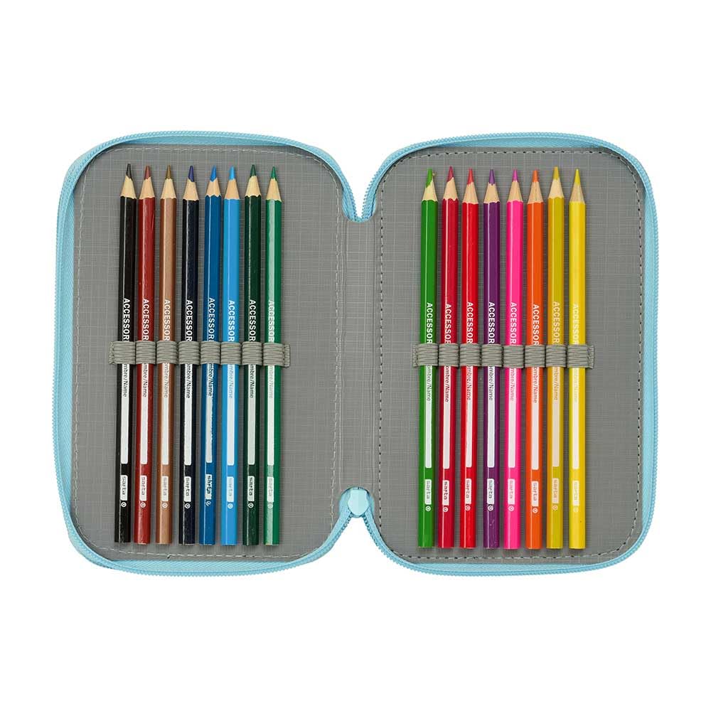 safta | Trousse Bluey Ready Triple, 37 pièces, pour Enfants avec 3 Compartiments zippé, Comprend 16 Crayons de Couleur, 14 feutres, Une règle et Un rapporteur, Dimensions : 12,5 x 5,5 x 19,5 cm