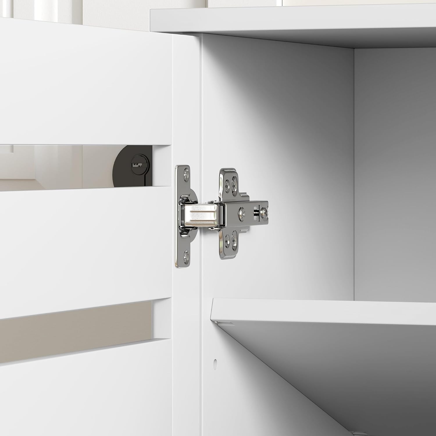 Close-up of a metal hinge on the inside of the shoe cabinet door, showing its attachment points.