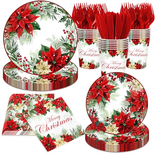 Christmas Paper Plates and Napkins,Disposable Poinsettia Paper Plates Cups Christmas paper Dinnerware for Xmas Holiday Party Supplies,Serves 24