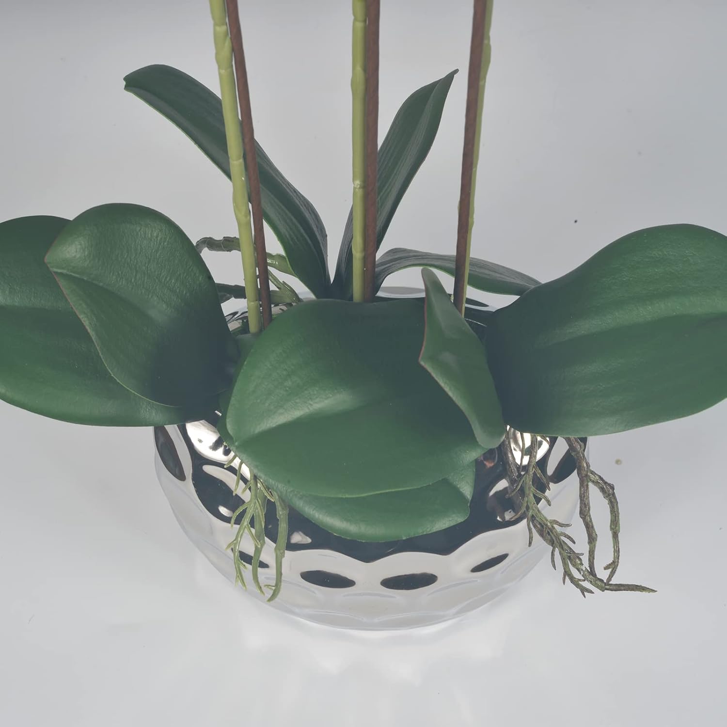 W&W Artificial Orchid Plants & Flowers Arrangement in Ceramic Pot, Fake Faux White Orchid with Silver Vase, Faux Orchids for Home Decor Indoor