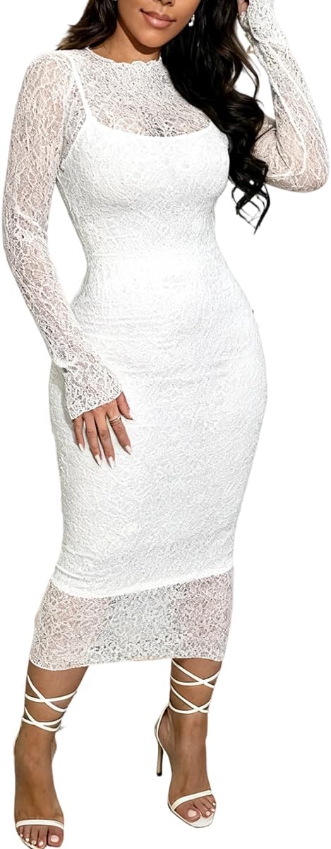 ABKY Sexy Lace Dress for Women Long Sleeve Mesh See Through Midi Bodycon Dresses 2 Piece Dress Set Birthday Date Night Outfit