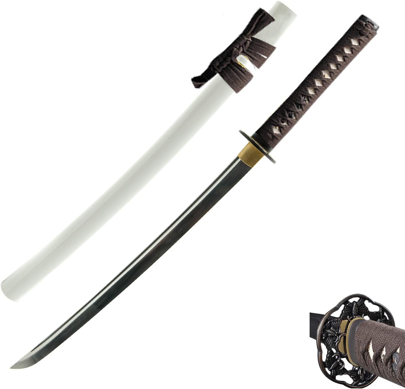 HMS Japanese Samurai Wakizashi Sword, Butterfly Tsuba, 1045 Carbon Steel, Hand Forged Heat Tempered, Full Tang, Sharp