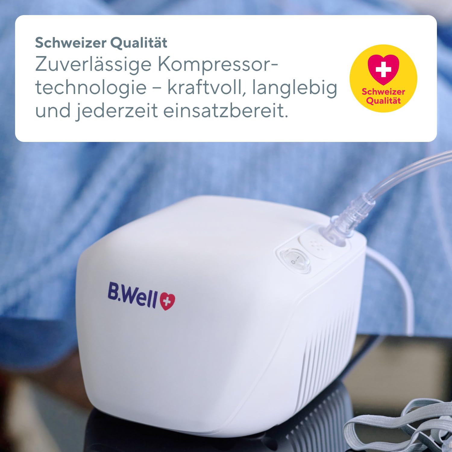 B.Well Swiss Kompressor-Inhalator MED-130, Medizinisch effiziente Atemtherapie, Einstellbarer Vernebler-Inhalator für Kinder und Erwachsene, Schweizer Qualität, Mit 2 Masken und Mundstück