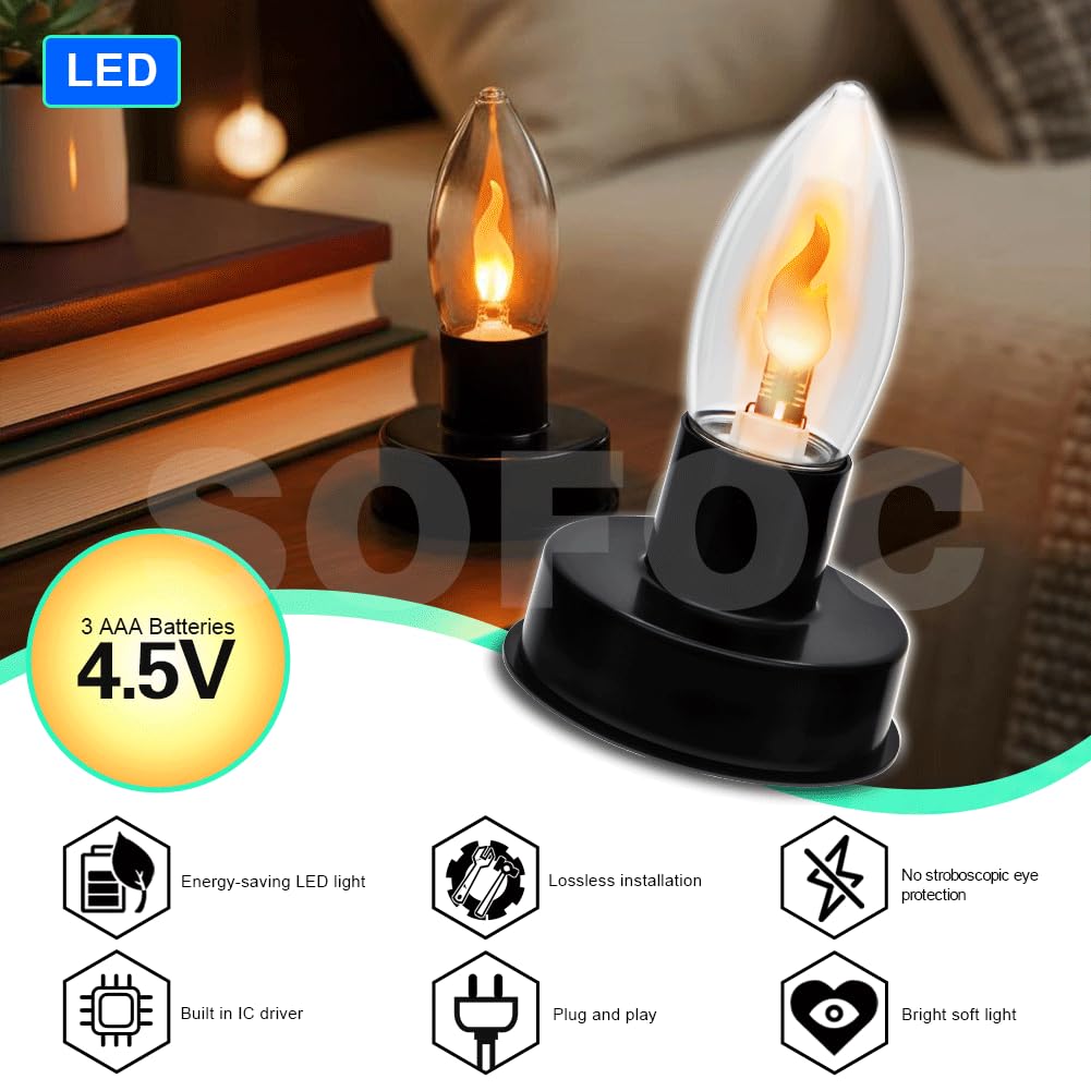 SOFOC LED-Glühbirnen mit Flackereffekt und Kerzenhalter, E27-Sockel, 0,5 W, batteriebetrieben, warmes Orange, 2700 K, perfekt für Schlafzimmer, Party, Hochzeit, Kirche, 3 Stück