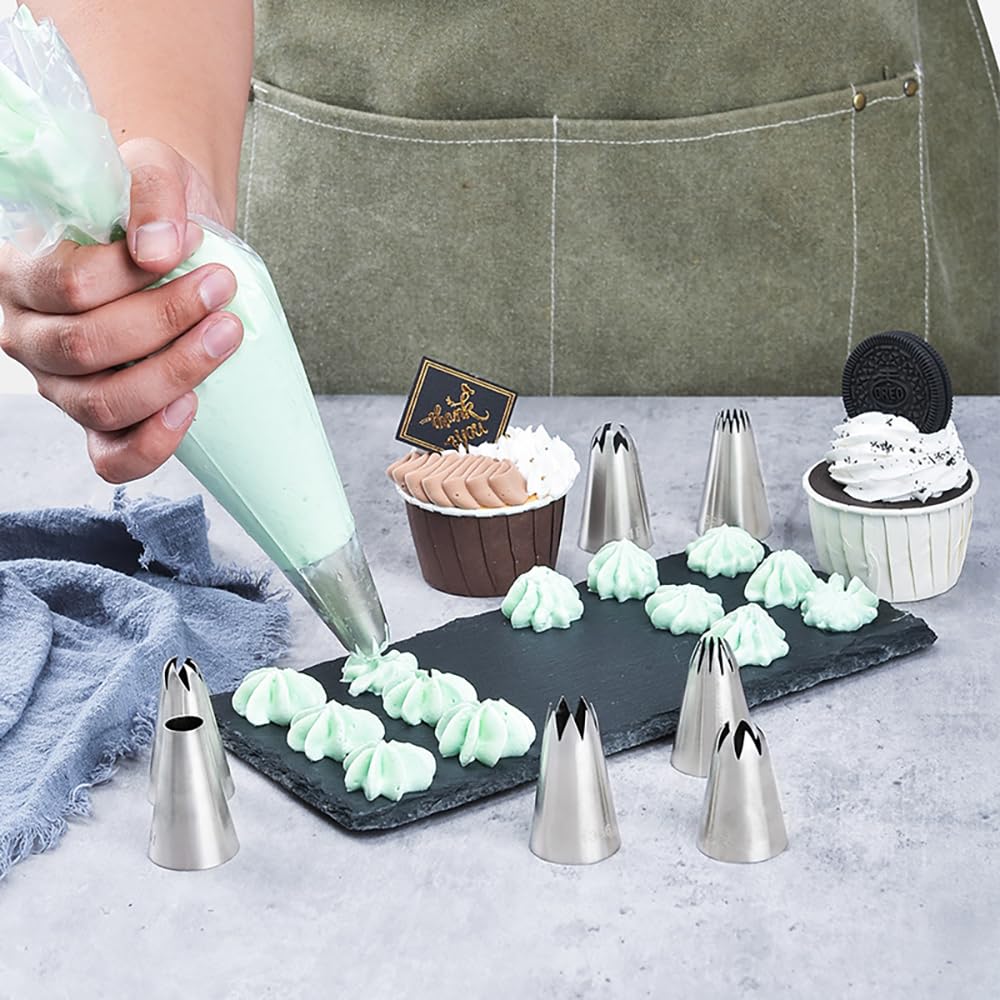 Set de sacs d'encadrement, 7pcs Stainless Steel Nozzle Premium Framing Bag Set, Professional Framing Bag Set for Cake, Tart, Biscuit Decoration, Reusable