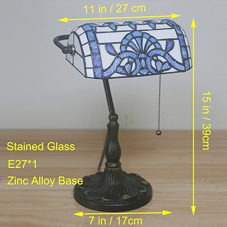 errzom Banker Lamp, Tiffany Office Desk Lamp, Green Blue Baroque Style Stained Glass Table Lamp, 15" Tall Luxury Memory Adjustable Reading Piano Lamp for Living Room Bedroom Library,Blue photo 2