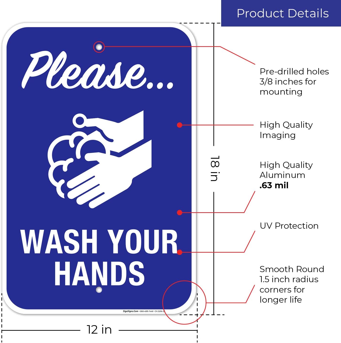 Hand Washing Sign, Please Wash Your Hands Sign, 12x18 Inches, Rust Free .063 Aluminum, Fade Resistant, Made in USA