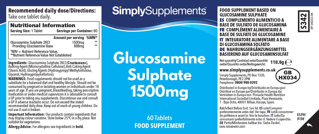 Sulfato de Glucosamina 1500mg - ¡Bote para 4 meses! - 120 Comprimidos - SimplySupplements