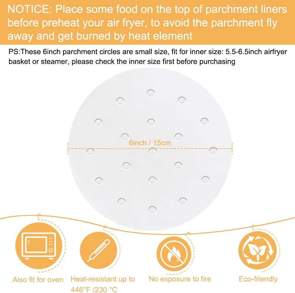 Air Fryer Parchment Paper, Set of 100, 6 inch Air Fryer Liner/Bamboo Steamer Paper/Perforated Parchment Paper for Air Fryer, Steaming Basket and More (7/8/9/10 Inch Available) image 5