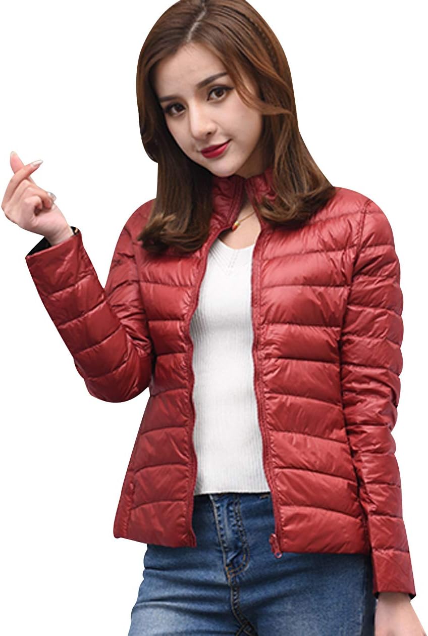 Lightweight Down Jacket Womens Packable Down Coats Women's Ultra Light Down Jacket Downs Filled Coat Stand Collar Quilted Padded Puffer Jacket Ladies Bubble Puffa Jacket Parka Winter Wear Both Sides