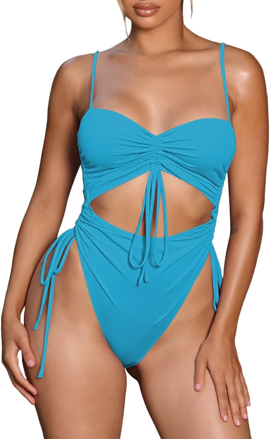 Viottiset Women's Cut Out Drawstring One Piece Swimsuit Cheeky High Cut Bathing Suit