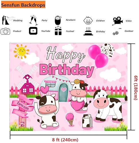 Miniatura 9 de Sensfun Fondo de fiesta de cumpleaños de vaca rosa acuarela de animales de granja con temática de vaca, fondo de fotografía de cumpleaños, estampado