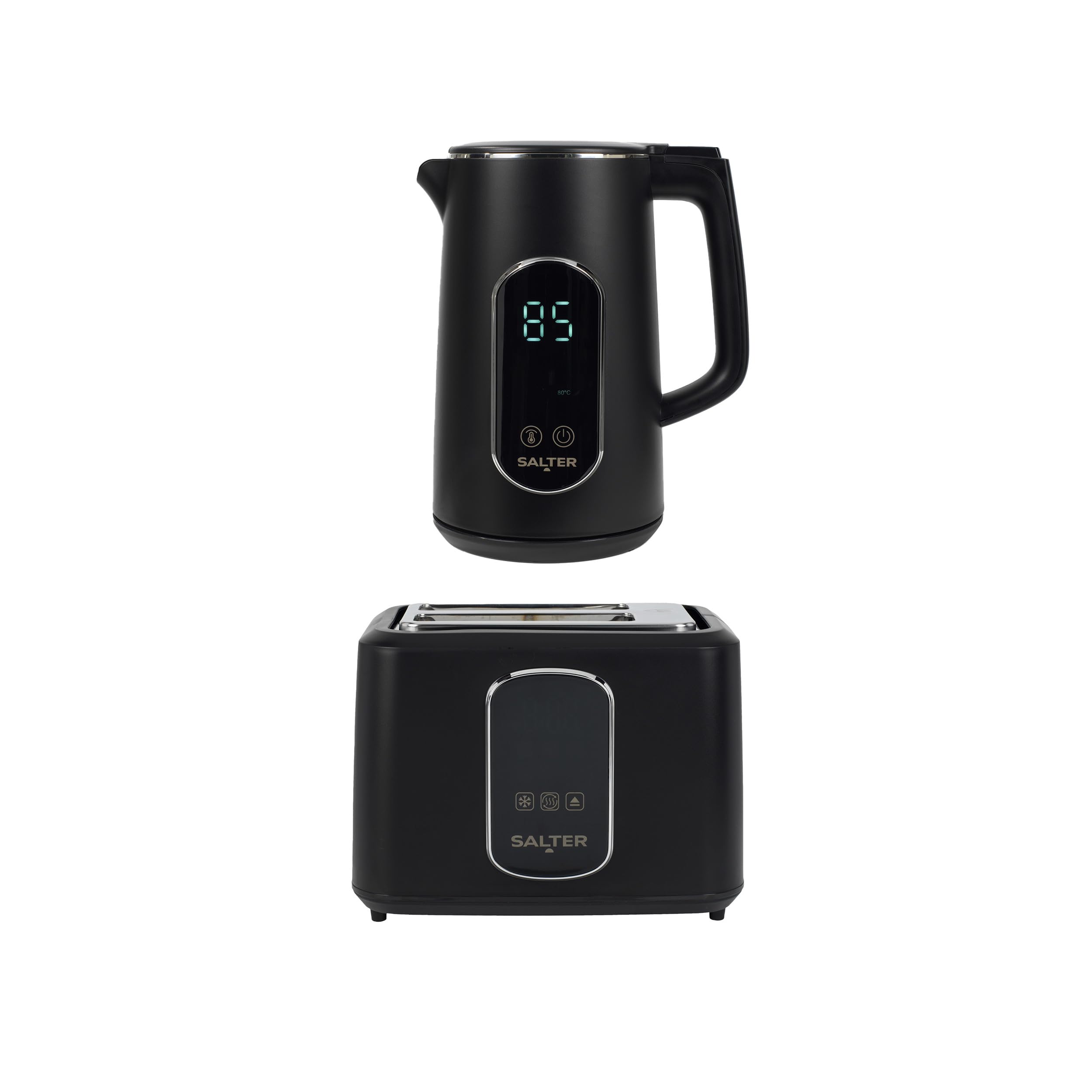 Salter Digital Kettle & Toaster Set – 1.7L Temp Rite Kettle with Variable Temperature Control, Toast Rite 2-Slice Toaster with Precise Browning Control, LED Touchscreen Displays, Black