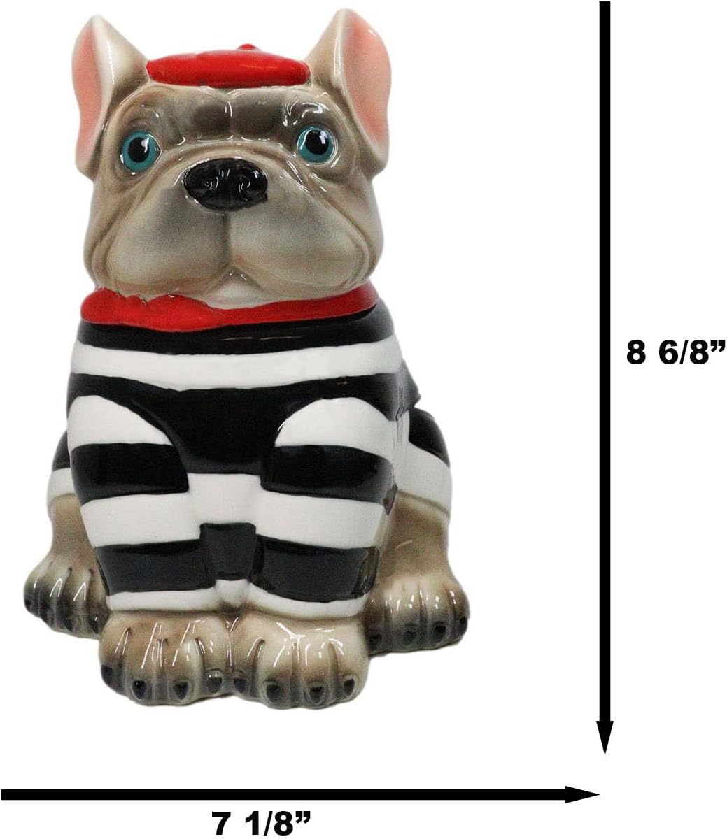 Ebros Gift Ceramic French Bulldog Dog With Red Beret And Striped Costume Cookie Jar With Air Tight Lid 8.75" Tall Decorative Kitchen Countertop Accessory Figurine