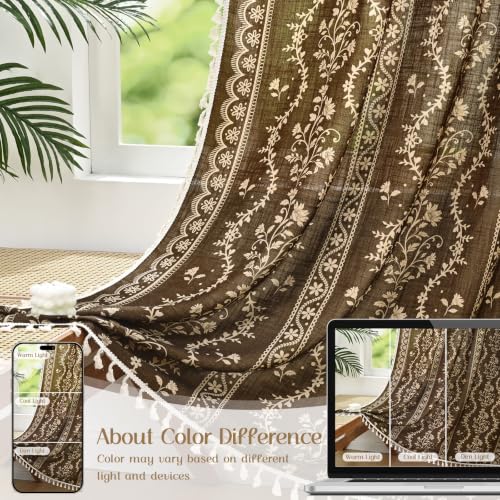 Image of Yinhua Boho Curtains for Living Room 84 Inch Length Vintage Linen Curtains for Bedroom Light Filtering Window Curtain Rod Pocket & Back Tabs Rustic Tassel Drapes with Tiebacks, Brown