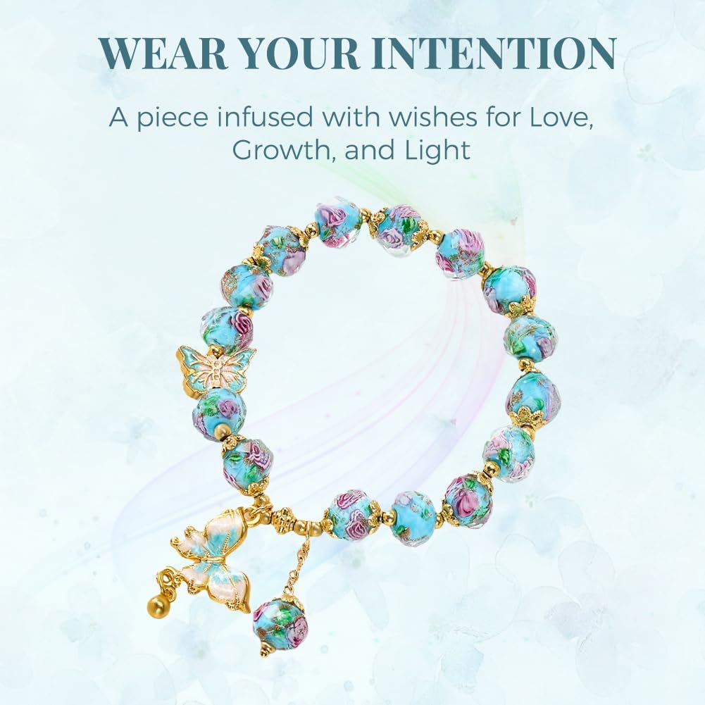 Blue Liuli Butterfly Charm Bracelet For Women, Liuli Rose Flower Stretch Charm Bracelet, Good Luck BlueStone Bead Bracelet, Flower Charm Bracelets for Women, Floral Bracelets Jewelry Gifts for Women, Suit for Includes Gift Box -8MM