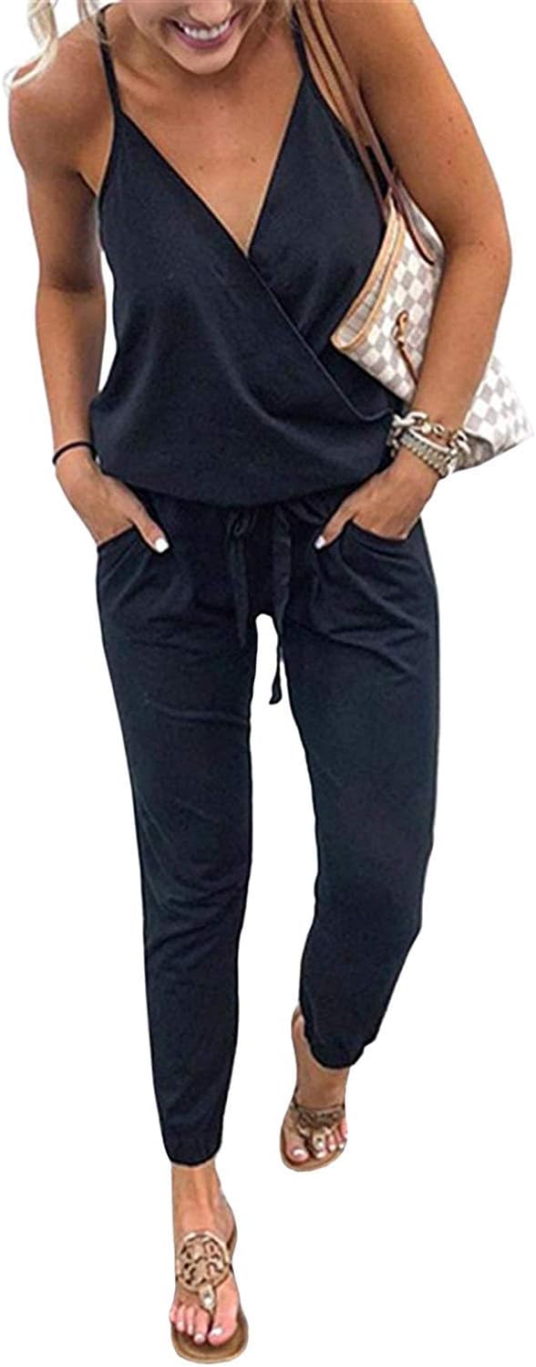 Women's Jumpsuit Rompers V Neck Spaghetti Strap Drawstring Waisted Long Pants Jumpsuits Black