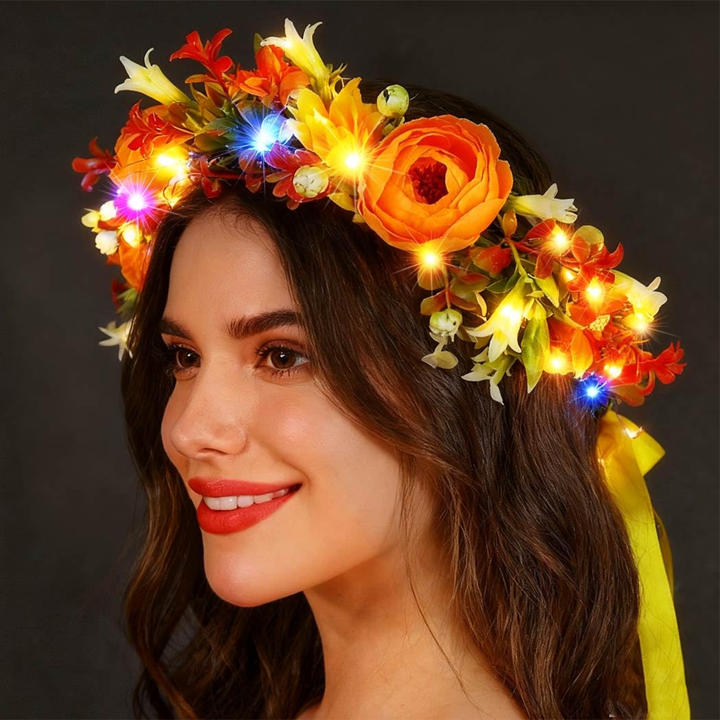 Atigy Light Up Flower Headbands LED Wreath Head Garland Floral Festival Hair Accessories for Women, Gold - Image 2