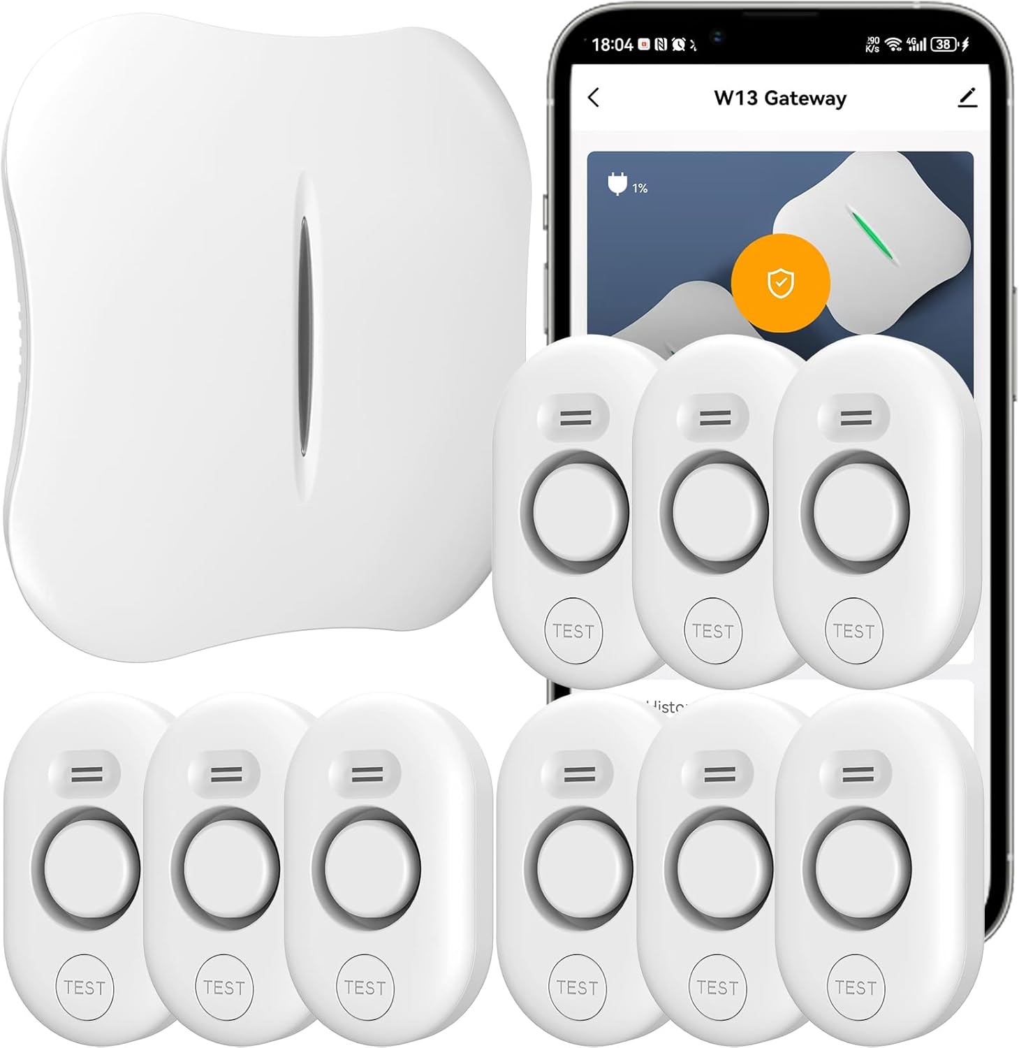 Bundle: Water Leak Sensor 9 Pack with 1x 2.4Ghz WiFi Gateway Base Station, App Notification, Adjustable Volume, Water Flood Detector for Home/Basement/Toilet/Laundry Room, Sink/Drain/Pipe/Faucet