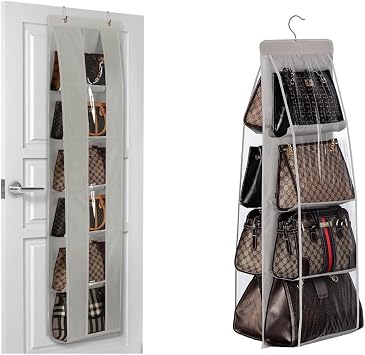 Lirex 8-Pocket Hanging Handbag Organize and 6-Pocket Over The Door Purse Organizer for Closet Bundle, Grey