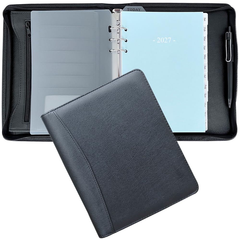 Fan&Ran Agenda 2026 con cremallera, carpeta de 6 anillas con inserciones semanales, tamaño A5, color negro