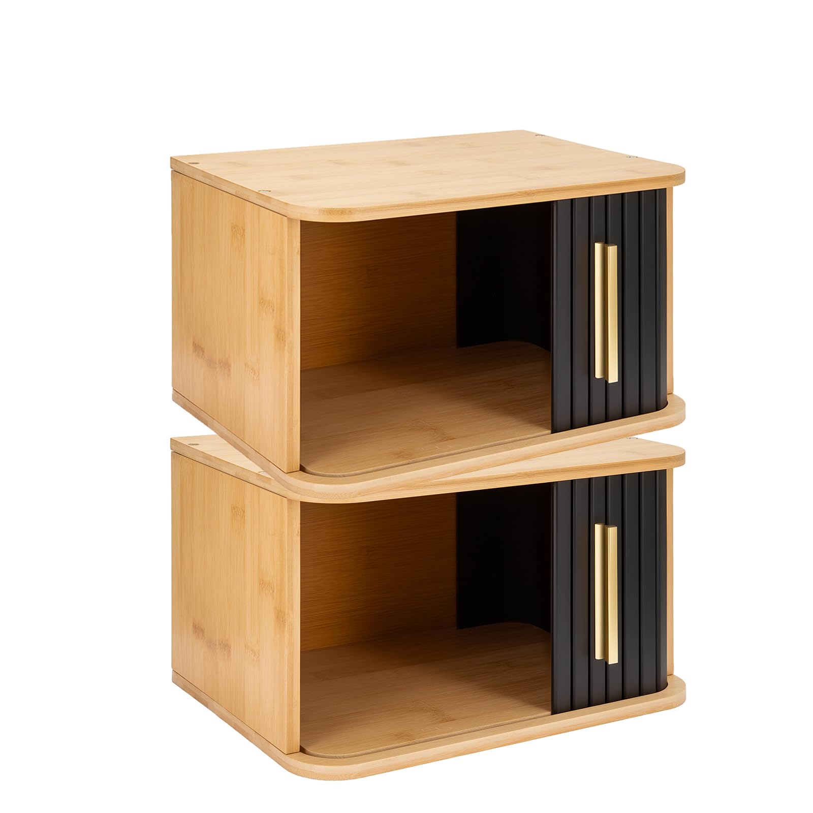 M.J COMFY-LIFE Small Breadbins Bread Box for Counter Bamboo Compact Bread Storage Containers with Sliding Door Space-Saving Design for Kitchen (Black-2pcs, Small)