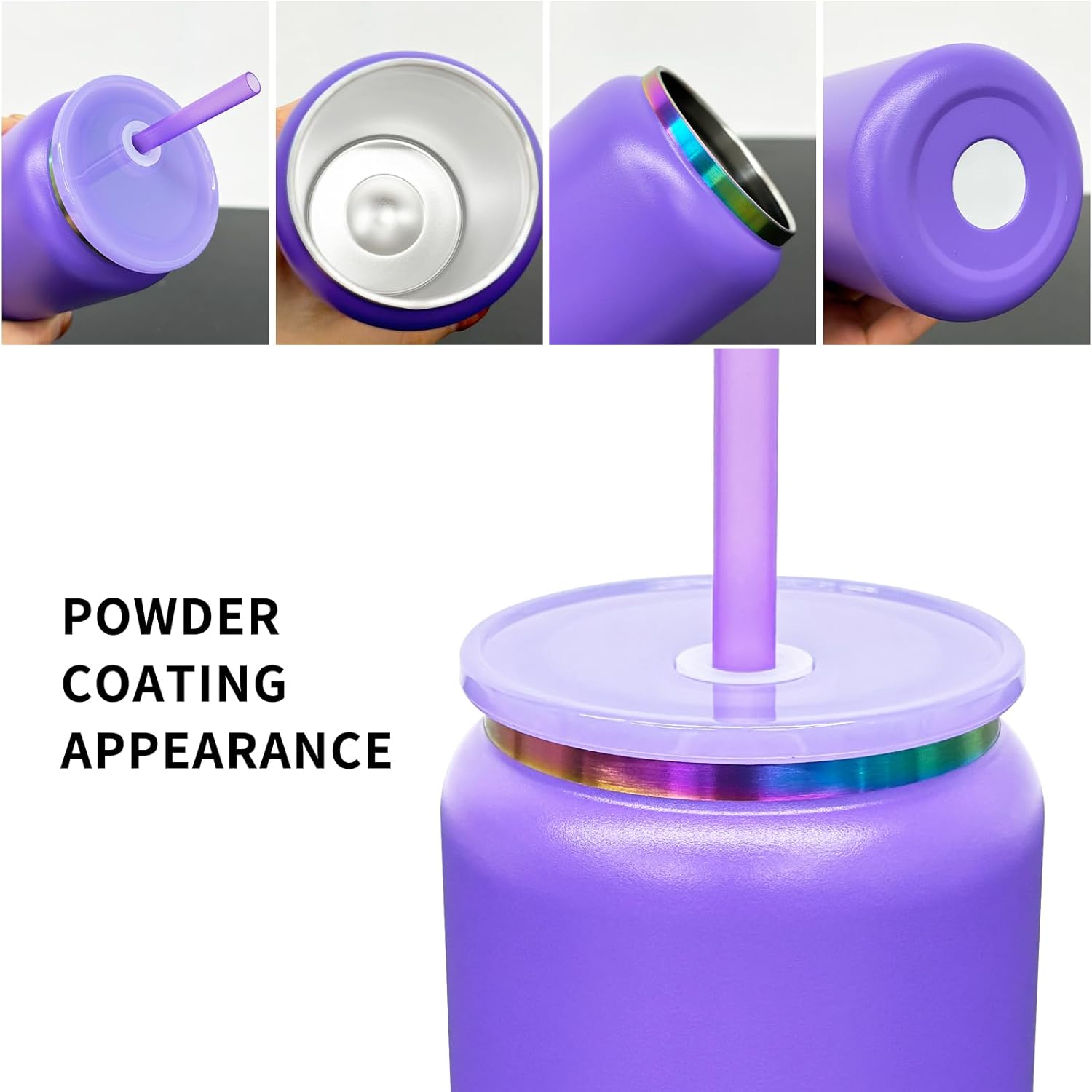 Glass Cups with Lids and Straws, 16 oz Stainless Steel Cups, Insulated Skinny Tumbler, Powder Coated Travel Mugs for Laser Engrave, Iced Coffee Cup for Smoothie Water DIY Gift (Purple,1 pack) - Image 6