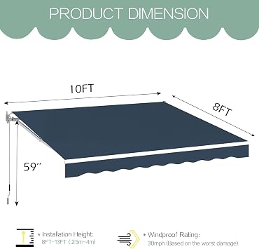 U-MAX Awnings for Patio, 10'x8' Retractable Awning Cover Sun Shade Shelter, 280g/m2 Premium Polyester with PU Coating Fabric Outdoor Door Window Awning for Deck, Home, Backyard, Balcony, Navy