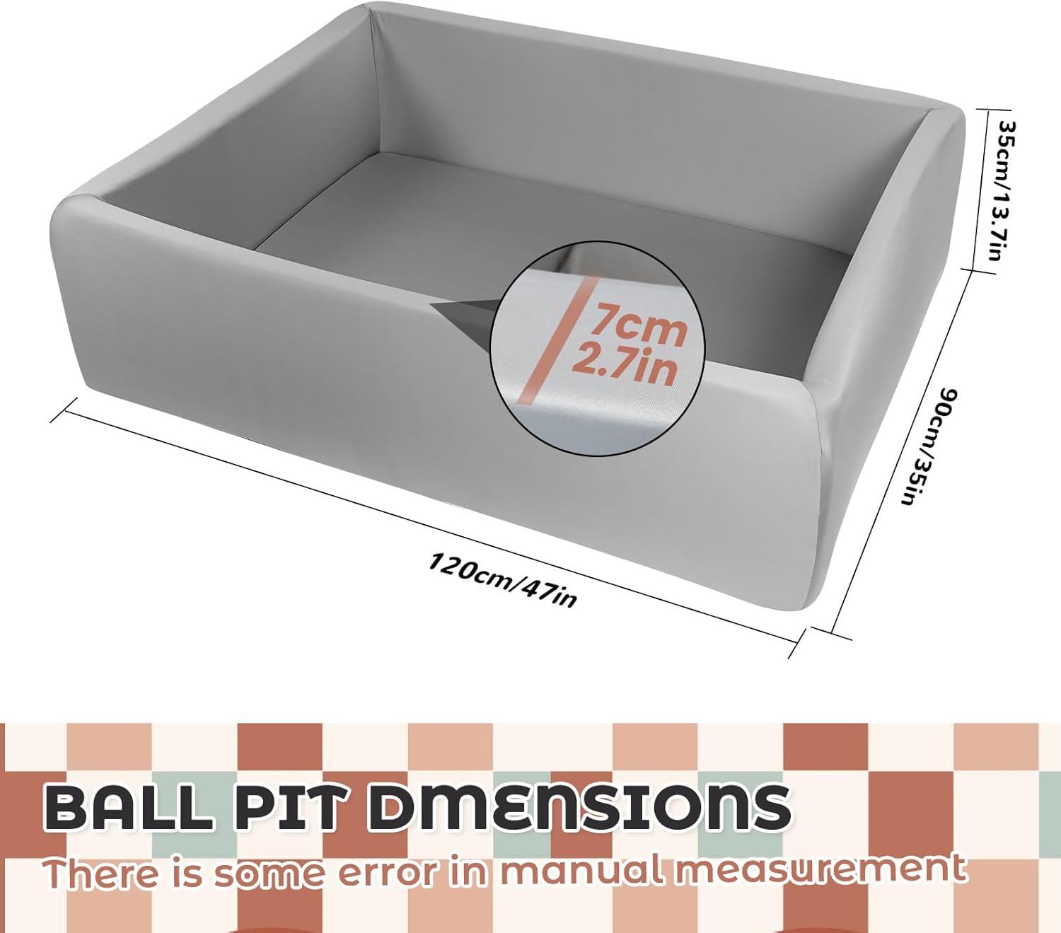 Large Size Soft Foam Ball Pit 47 x 35 x 14 Inch Rectangular, 2.7 Inch Wall Thickness Small Indoor and Outdoor Playground, Ideal Gift for Children (Balls Not Included), Gray