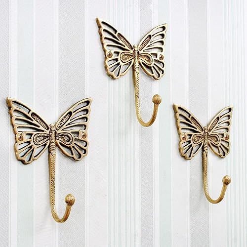 Indian Shelf Decorative Brass 3 Butterfly Cute Kids Wall Hooks for Hanging Heavy Duty Coat Rack Wall Mount - Vintage Gold Towel Hooks for Coats, Keys, Backpack, Purse, Hat, Jewelry, Leash & More