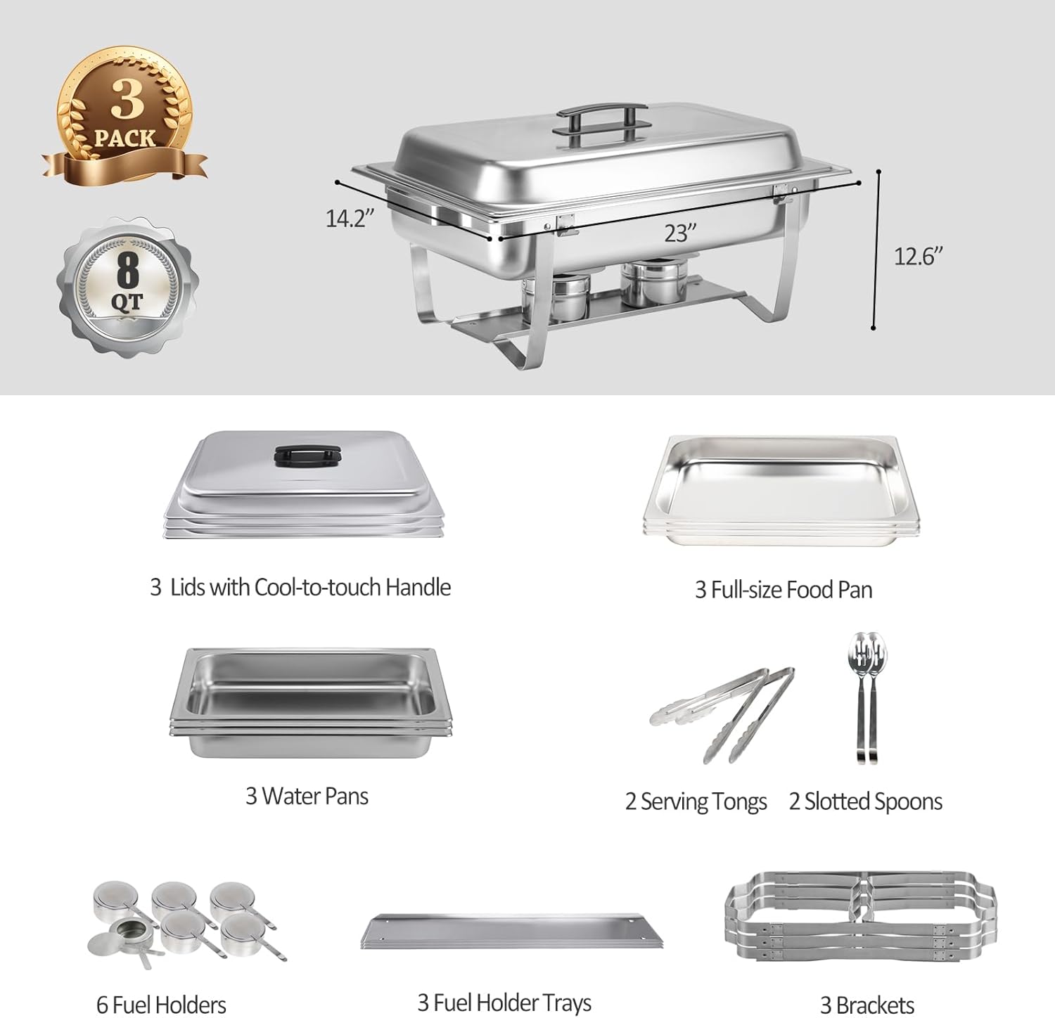 3 Packs Chafing Dish Buffet Set Stainless Steel Food Warmer with 8QT Full Size Pans Portable for Parties Catering Buffet Servers and Warmers Thanksgiving Serving Dishes