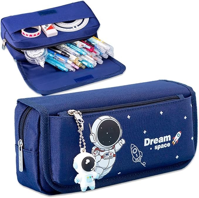 Sponsored Ad – Cartoon pencil Bag 4-layer large capacity student pencil case，Boy's astronaut pencil case with astronaut pendant